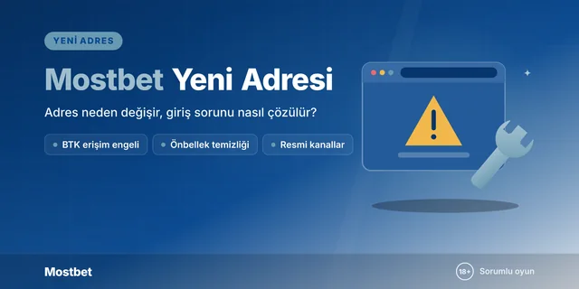 Mostbet yeni adresi ve giriş rehberi kapağı: uyarı işaretli tarayıcı penceresi ve İngiliz anahtarı